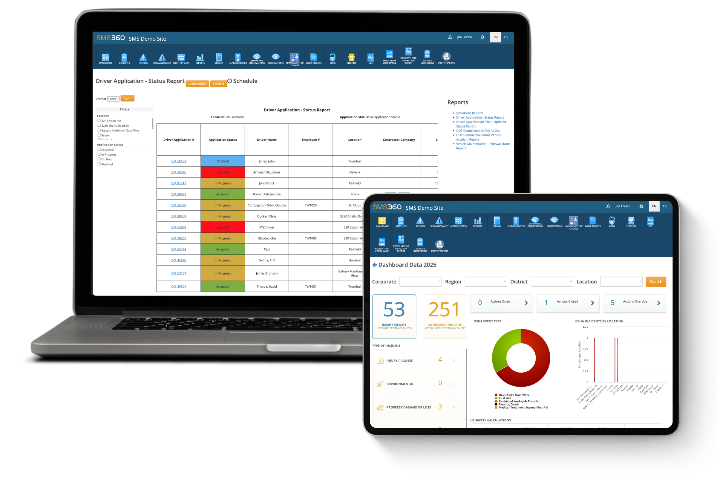 Laptop and tablet displaying SMS360 software interfaces with driver application status report and dashboard data including OSHA event types and incident statistics.