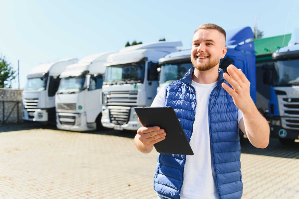 Smiling man in a blue vest holding a tablet, standing in front of a row of parked large commercial trucks.