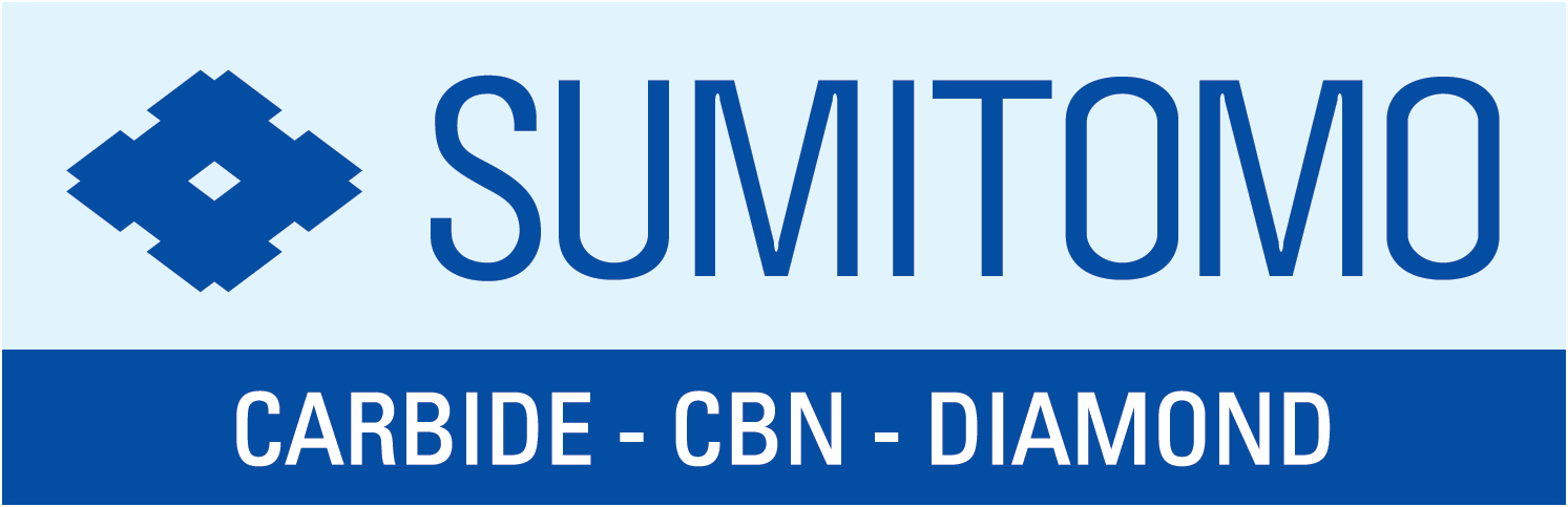 Sumitomo logo with blue geometric symbol and text 'SUMITOMO' above 'CARBIDE - CBN - DIAMOND' on blue background.