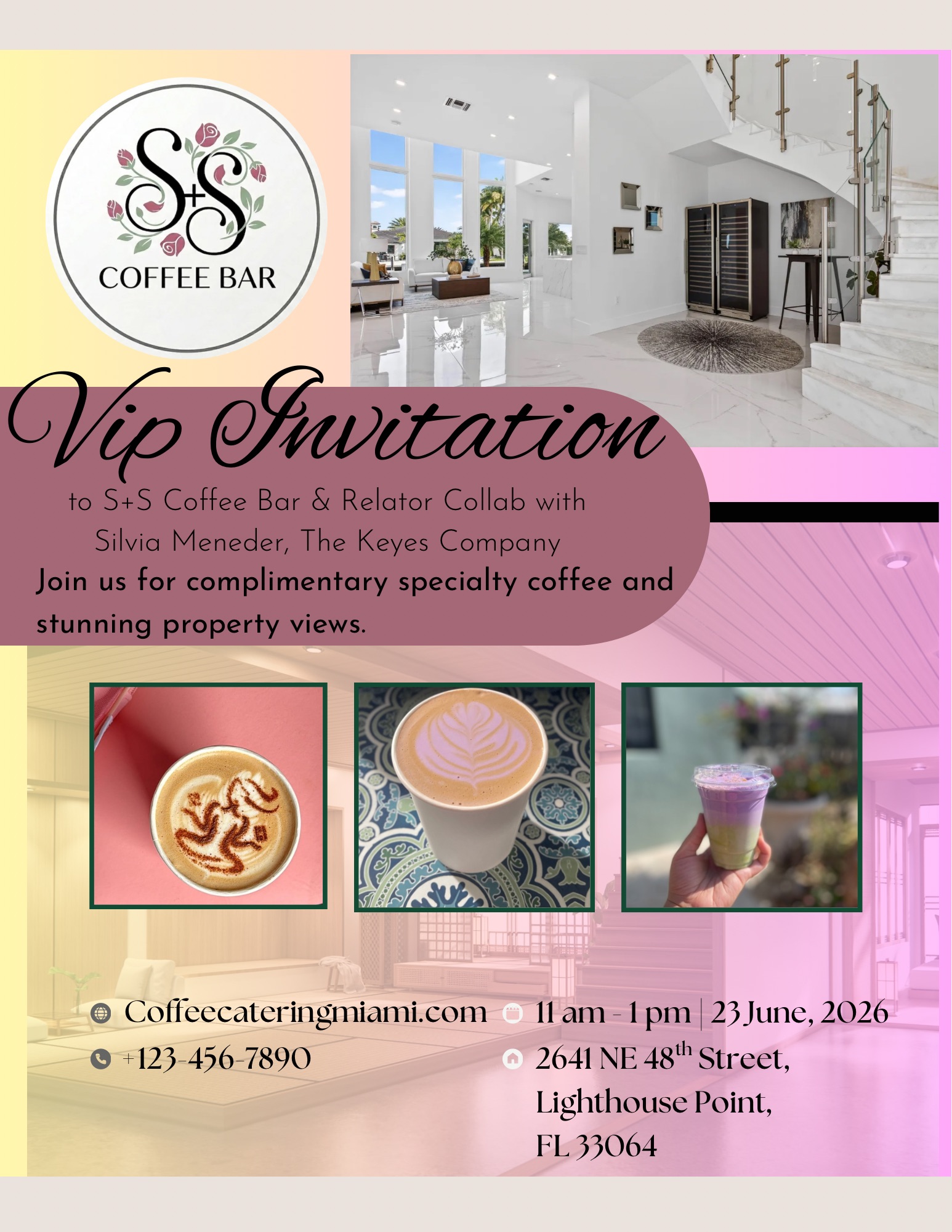 Invitation for coffee and property views at S+S Coffee Bar with images of coffee and a modern home interior.