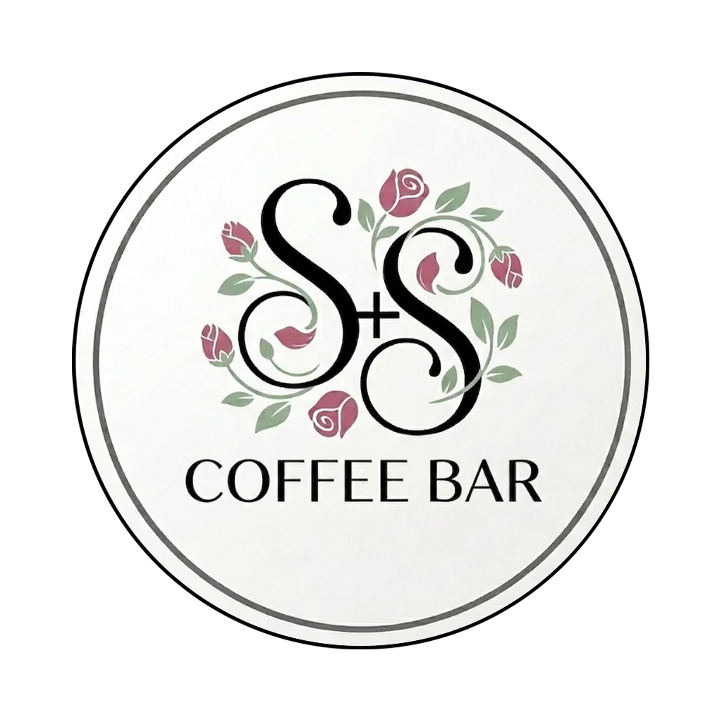 Round logo with S+S monogram surrounded by pink roses and green leaves above the text Coffee Bar.