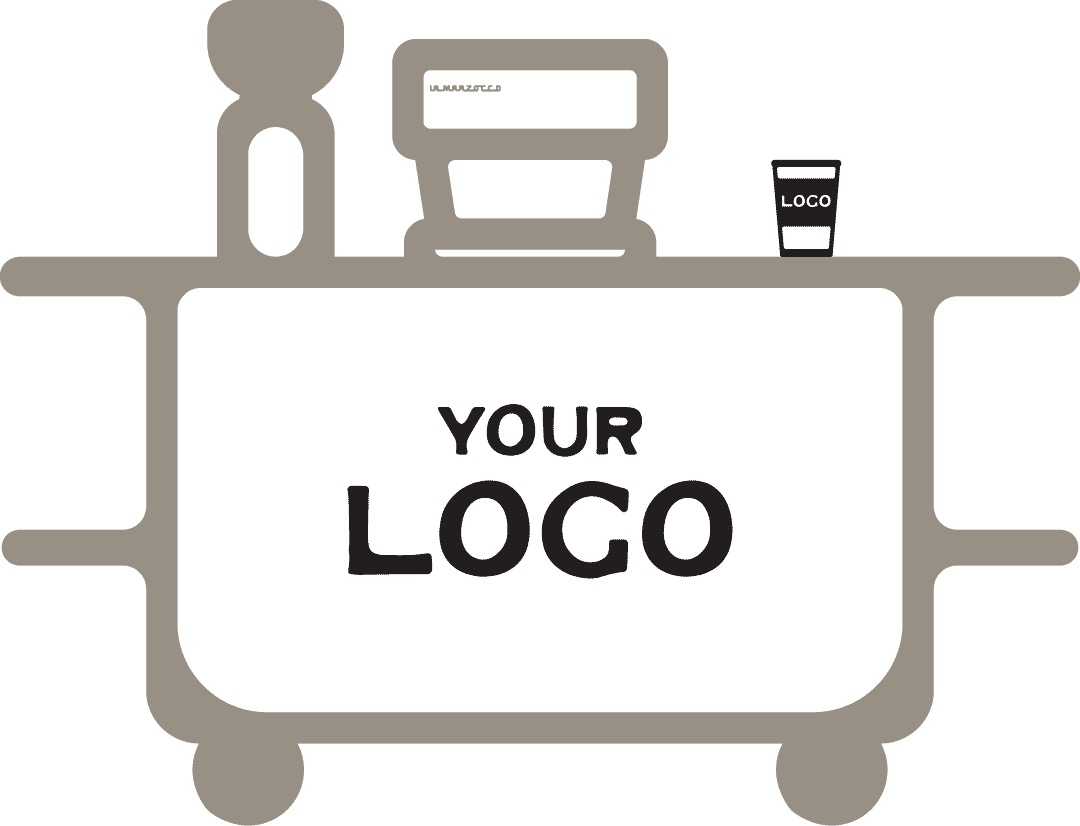 Outline of a food cart with wheels and handles, showing placeholder text your logo on its side.