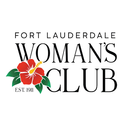Logo of Fort Lauderdale Woman's Club featuring a red hibiscus flower with green leaves and bold black text.