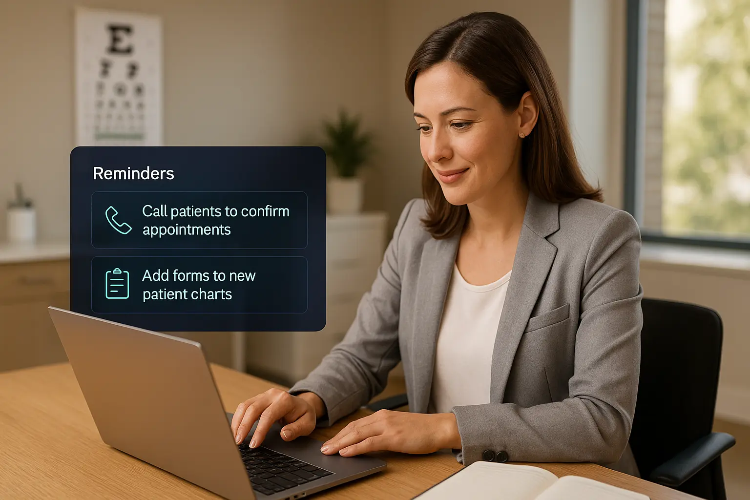 Optometry staff member using AI software to confirm patient appointments and update charts automatically.