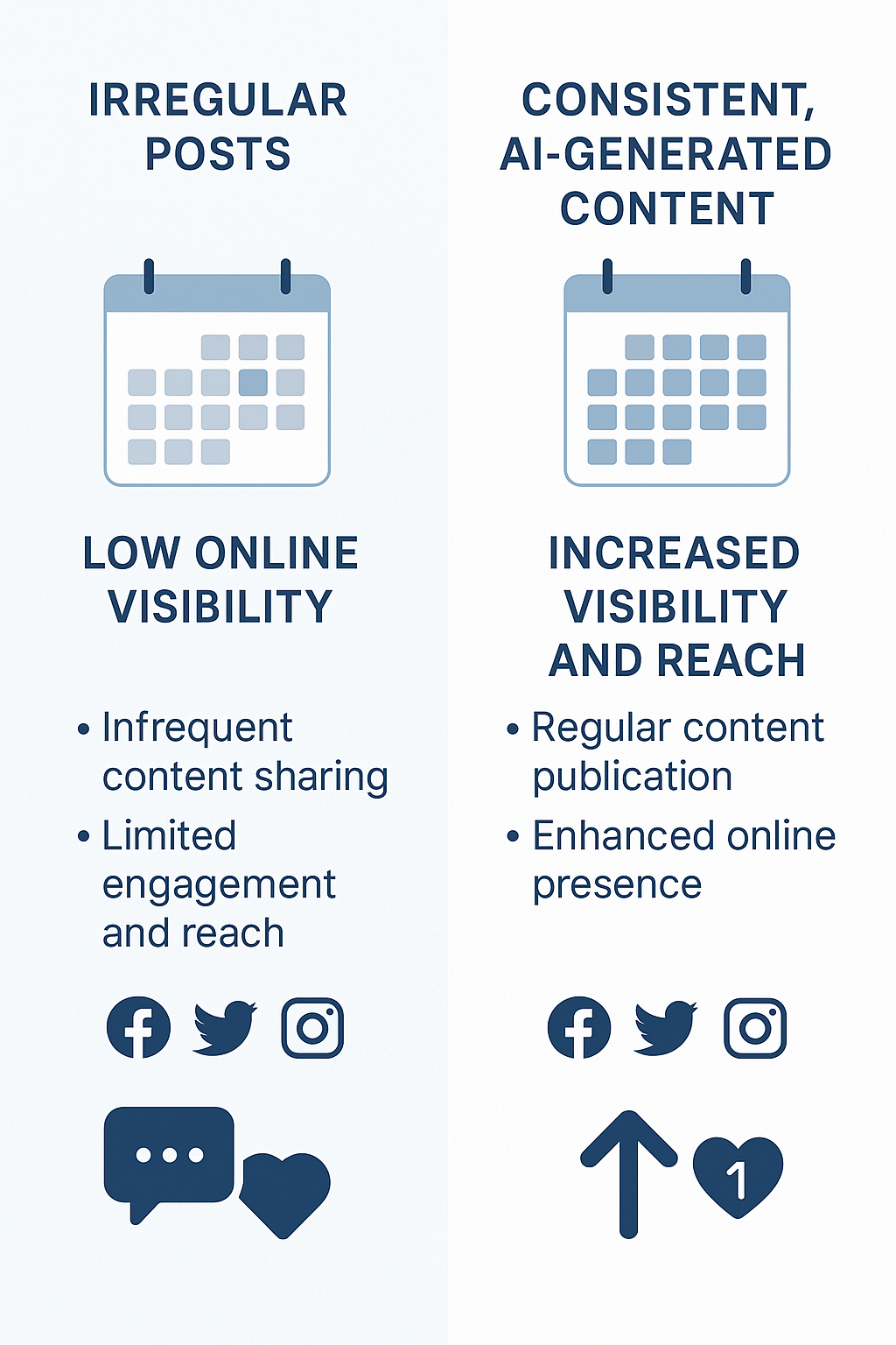 Comparison of irregular social media posts versus consistent AI-generated content improving visibility and engagement for optometry practices.