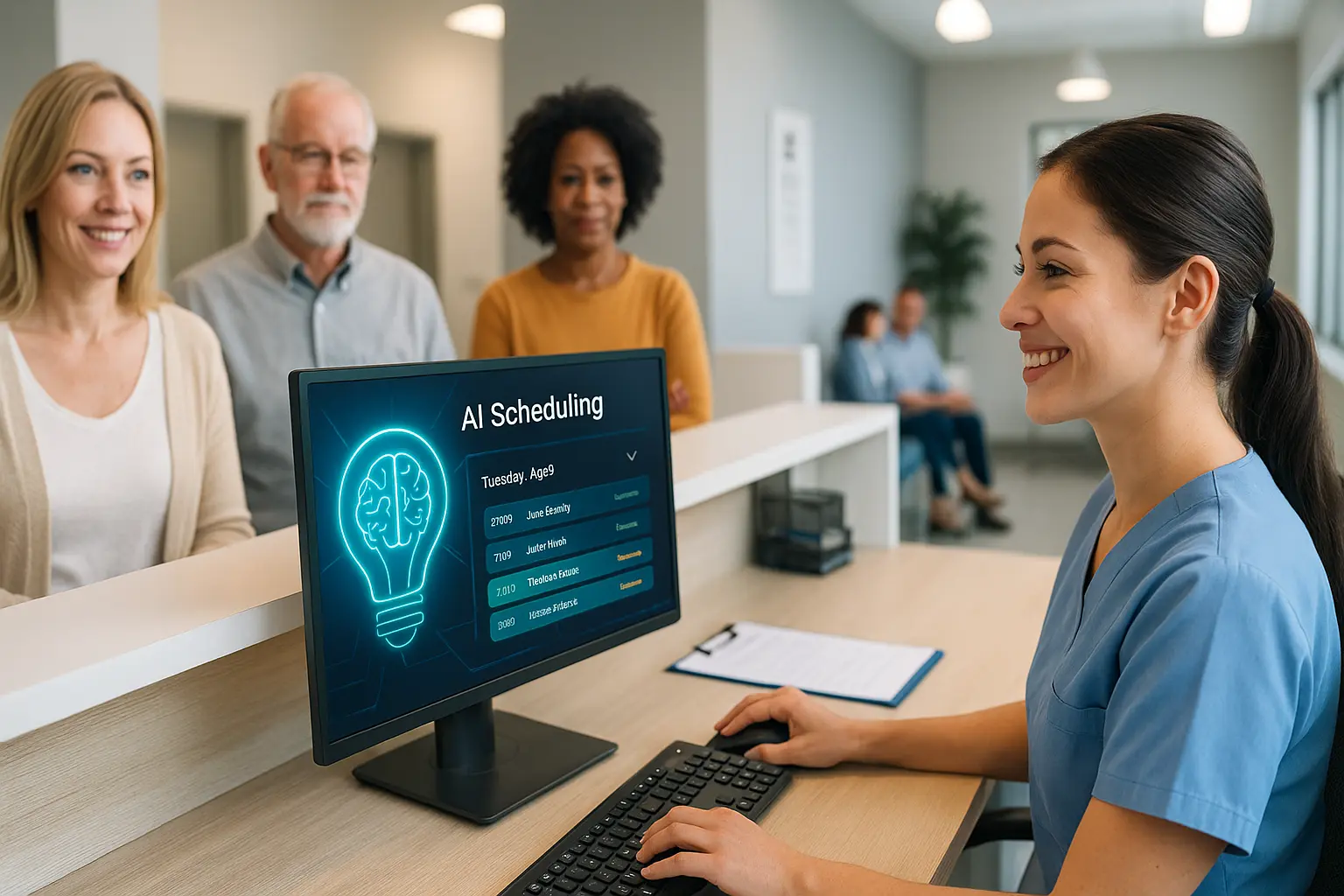 Optometry staff member using AI scheduling software to manage patient appointments efficiently.