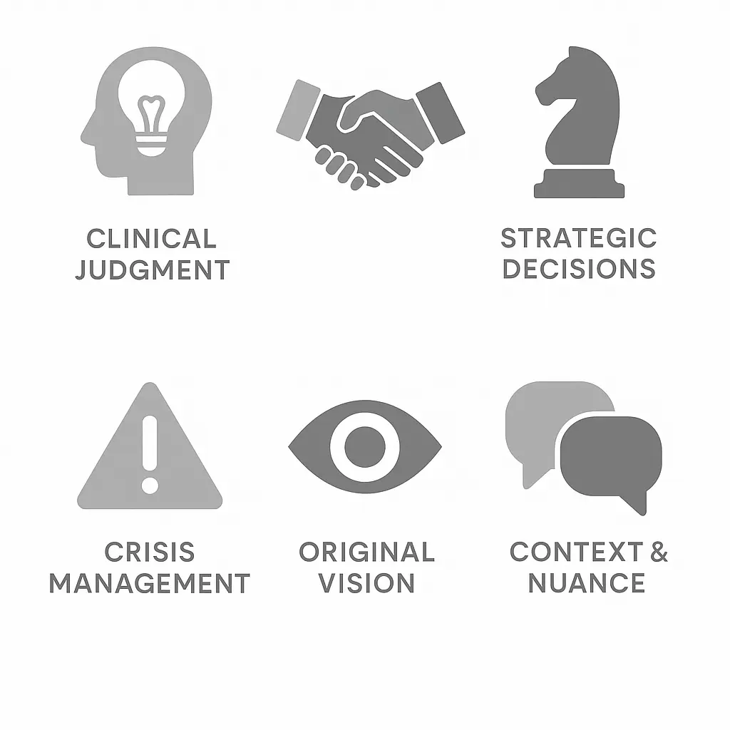 Icons showing human strengths AI cannot replace in optometry, such as clinical judgment, strategy, and contextual understanding.