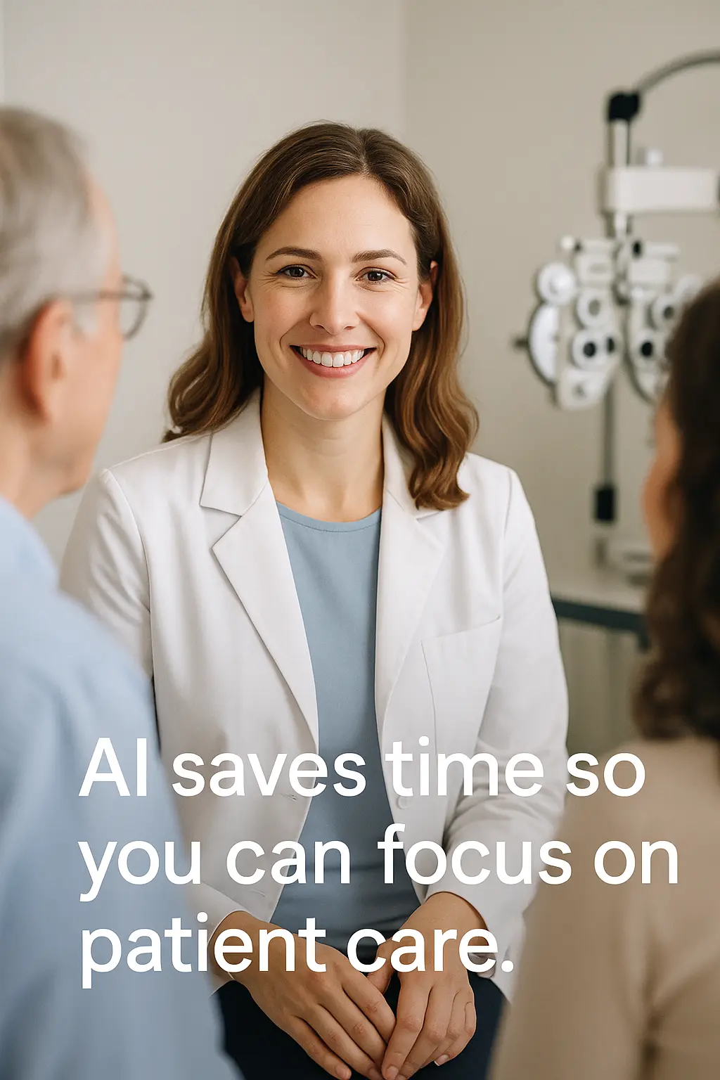 Optometrist meeting with patients, representing how AI saves time and lets clinicians focus on patient care.