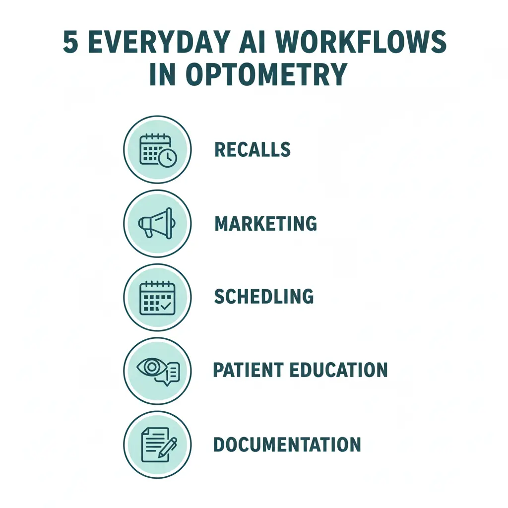 Infographic of top 5 everyday AI workflows for optometrists