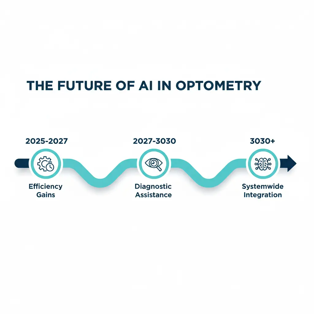 Timeline showing AI adoption in optometry from 2025 to 2030
