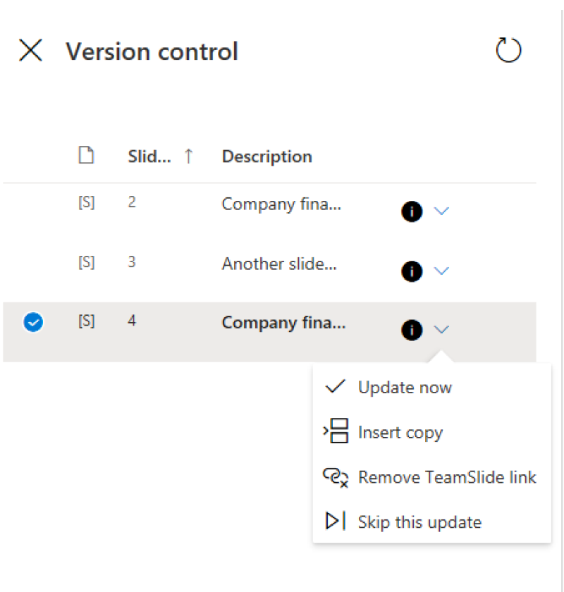 TeamSlide version control feature displaying the options to update a PowerPoint slide