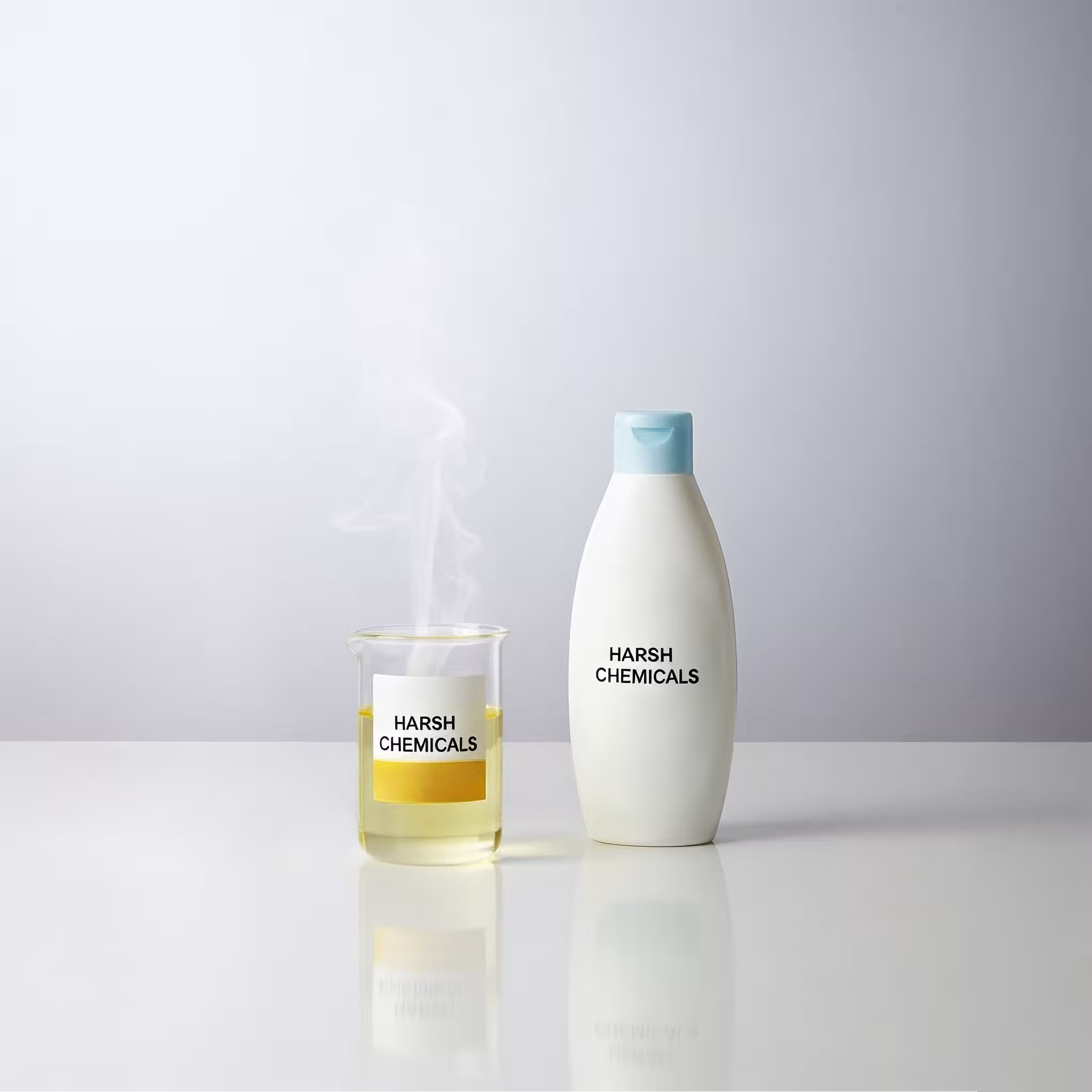 Group of dark generic shampoo bottles symbolizing harsh chemical products contrasted with Milky Care’s safe formula concept
