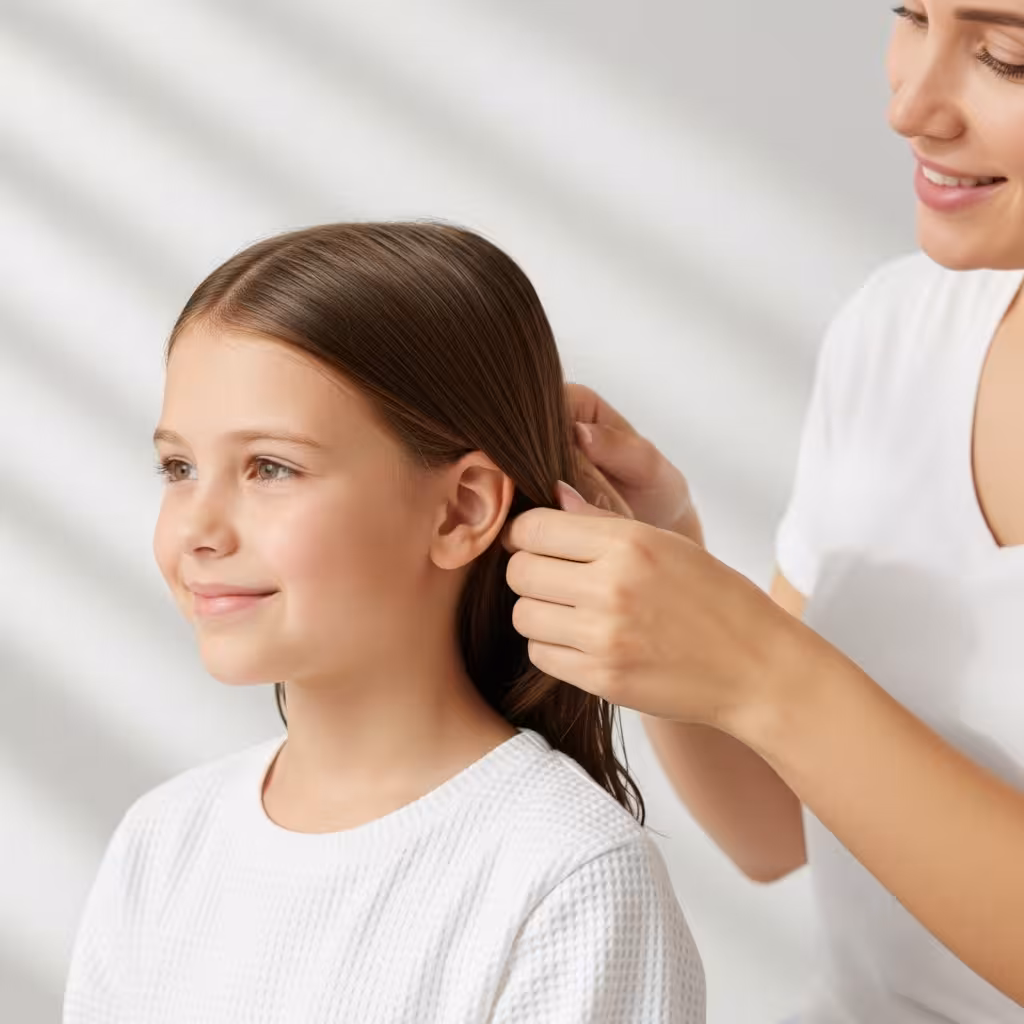 Milky Care gentle kids’ hairbrush used after bath time, placed on clean minimal background, soft pastel lighting