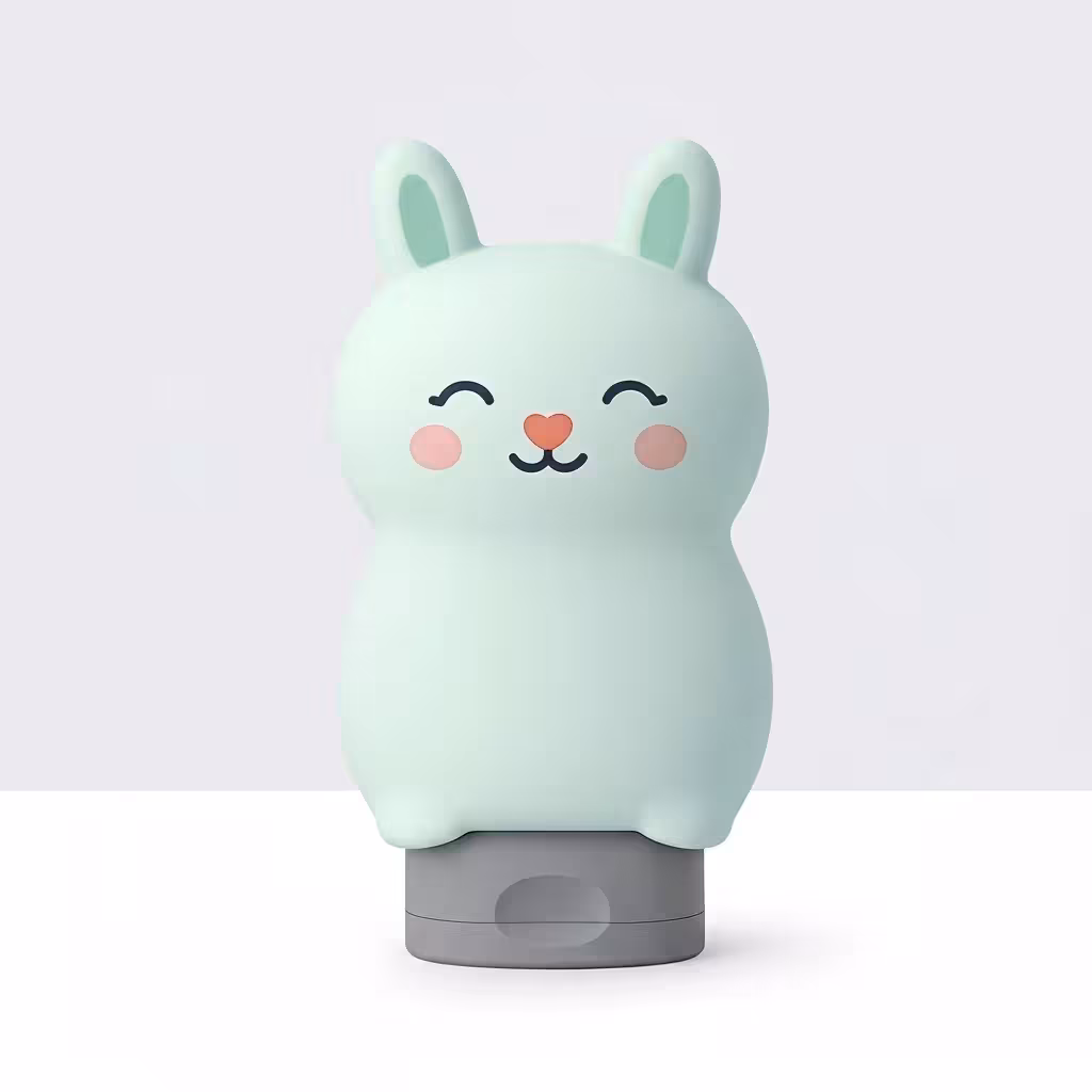 Milky Care green bunny-shaped kids’ shampoo bottle with a smooth matte finish, soft pastel tone, and rounded playful design representing the brand’s safe, natural, and fun bath-time experience.