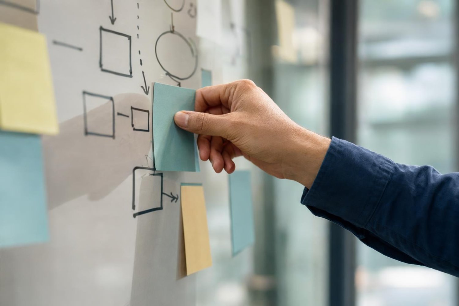 Analyste d'affaires animant un atelier d'évaluation des besoins devant une cartographie de processus affichée sur un mur vitré, dans un bureau québécois moderne.