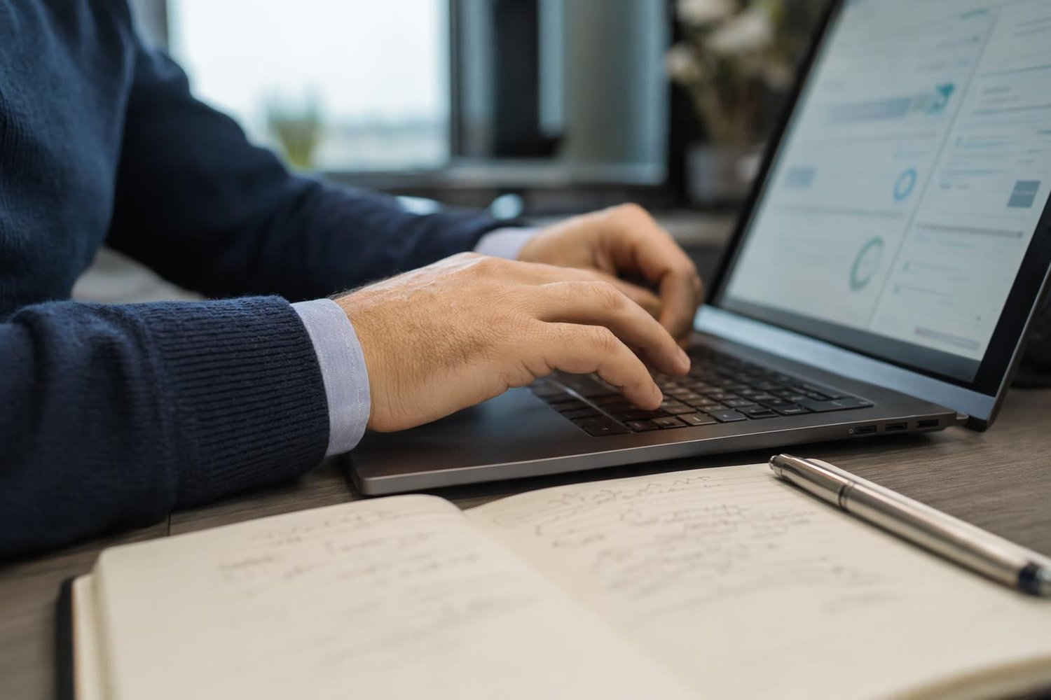 Management systems consultant taking an Oracle Cloud certification exam on a laptop in a modern Quebec office, an open notebook beside the keyboard.