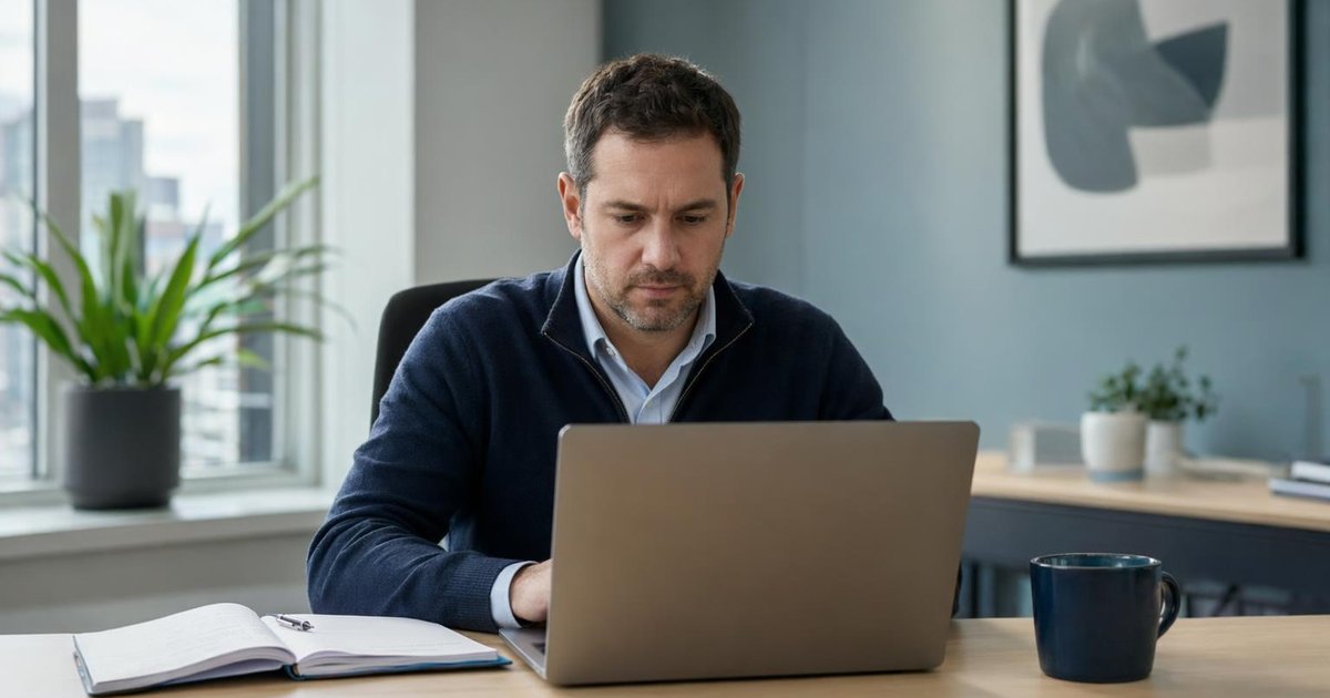 Un professionnel de la finance consulte un parcours de formation Oracle Cloud sur un écran dans un bureau lumineux du Québec.