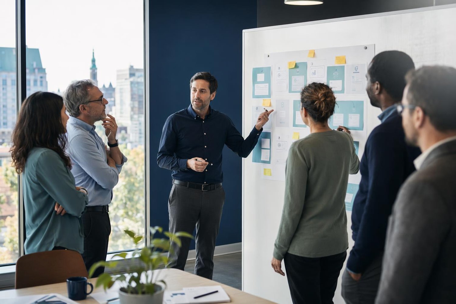 Groupe de cinq professionnels en atelier d'identification de cas d'usage en intelligence artificielle devant un tableau blanc dans un bureau québécois moderne.