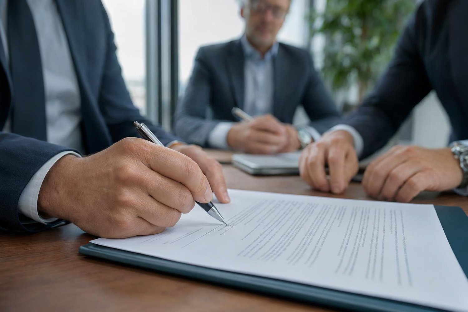 Gestionnaire TI et intégrateur passant en revue les clauses d'un contrat de projet autour d'une table de conférence dans un bureau québécois moderne.