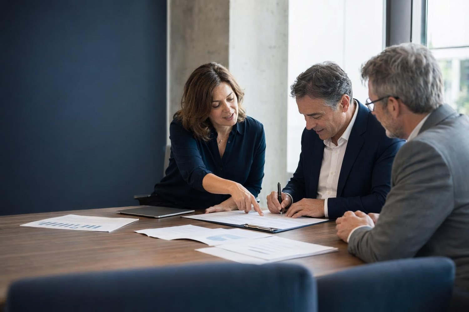 Gestionnaire TI et intégrateur passant en revue les clauses d'un contrat de projet autour d'une table de conférence dans un bureau québécois moderne.