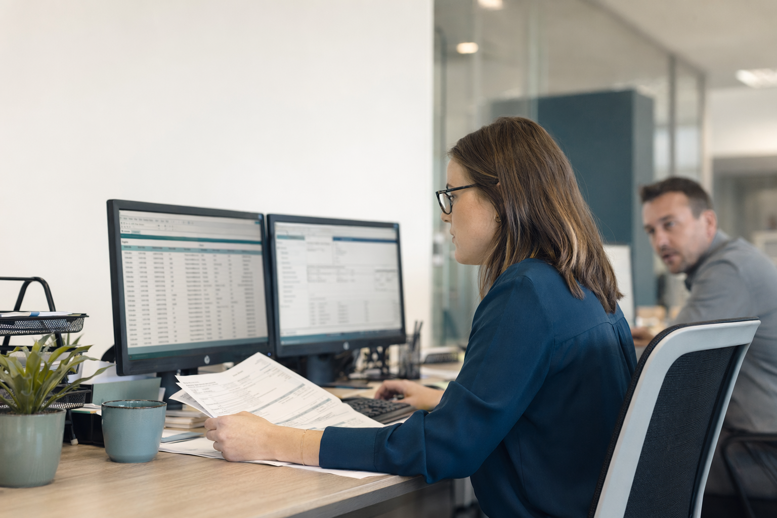 Spécialiste des comptes clients comparant des paiements et des avis de remise sur deux écrans dans un bureau moderne au Québec