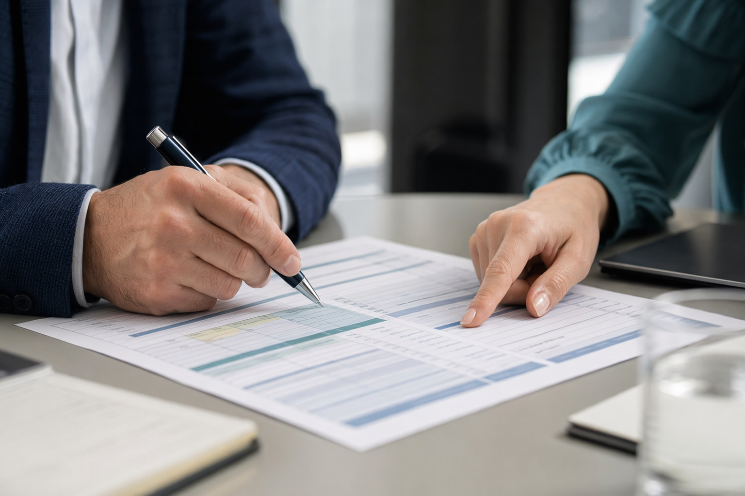 Conseillère ERP indépendante animant une séance de comparaison de soumissions avec l'équipe de direction d'une entreprise québécoise dans une salle de réunion lumineuse