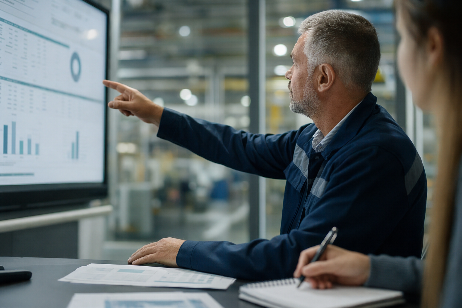 Directeur d’usine et équipe des opérations comparant des solutions ERP sur l’écran d’une salle de conférence, plancher de production visible à travers les cloisons vitrées d’une usine québécoise.