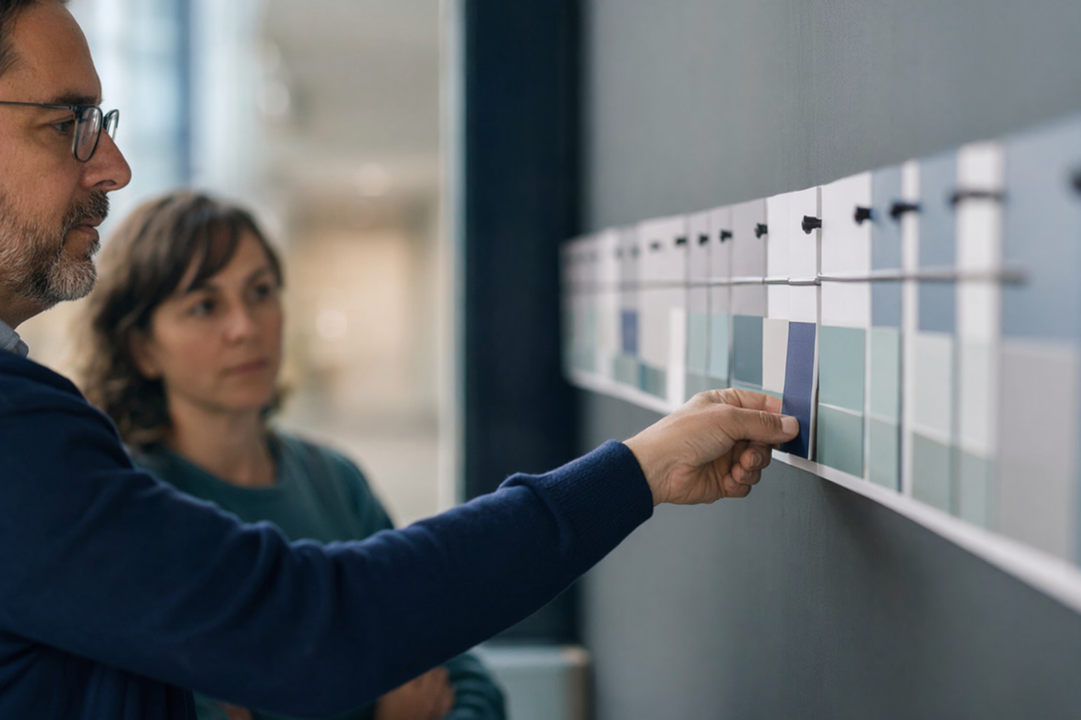 Chef de projet et collègue passant en revue un long échéancier d'implantation ERP affiché sur un mur de fiches de phases dans un bureau québécois.