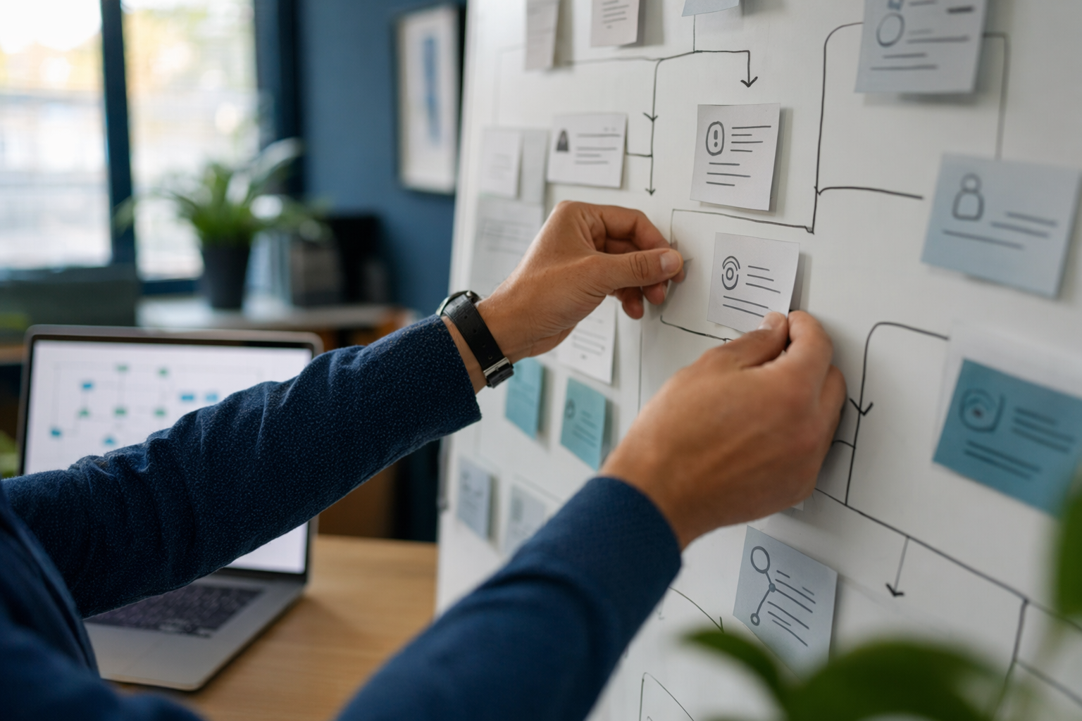 Une employée des opérations et un consultant cartographient un processus papier sur un tableau blanc avec des fiches de processus dans un bureau de PME québécoise.