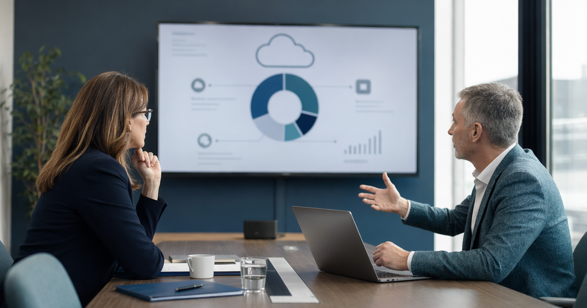 Financial director and consultant in front of a screen showing the cost breakdown for an Oracle Cloud ERP implementation in a Quebec office.