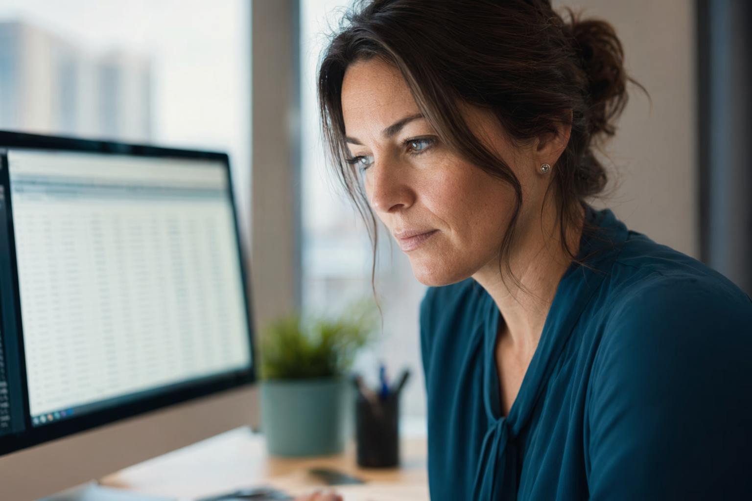 Équipe des finances révisant un tableau de bord ERP sur un grand écran dans un bureau montréalais