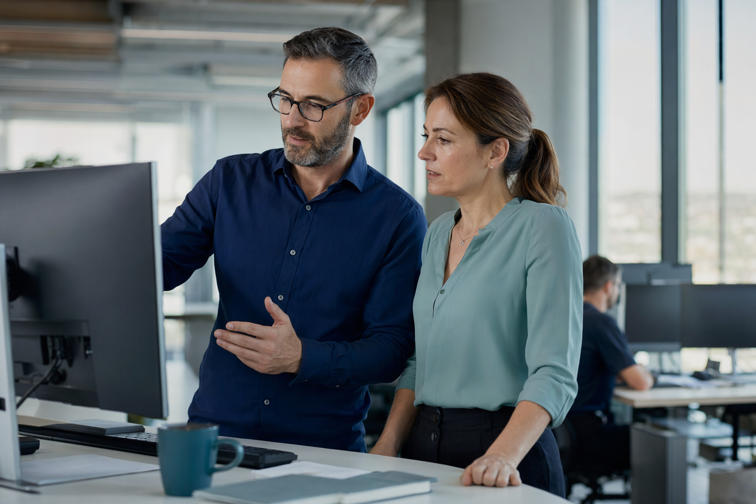 Équipe des finances révisant un tableau de bord ERP sur un grand écran dans un bureau montréalais