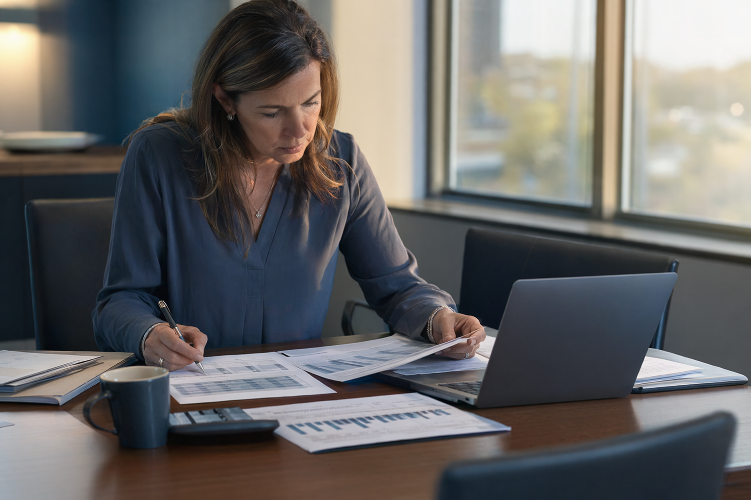 Finance controller reviewing printed accounts receivable aging reports beside an open laptop