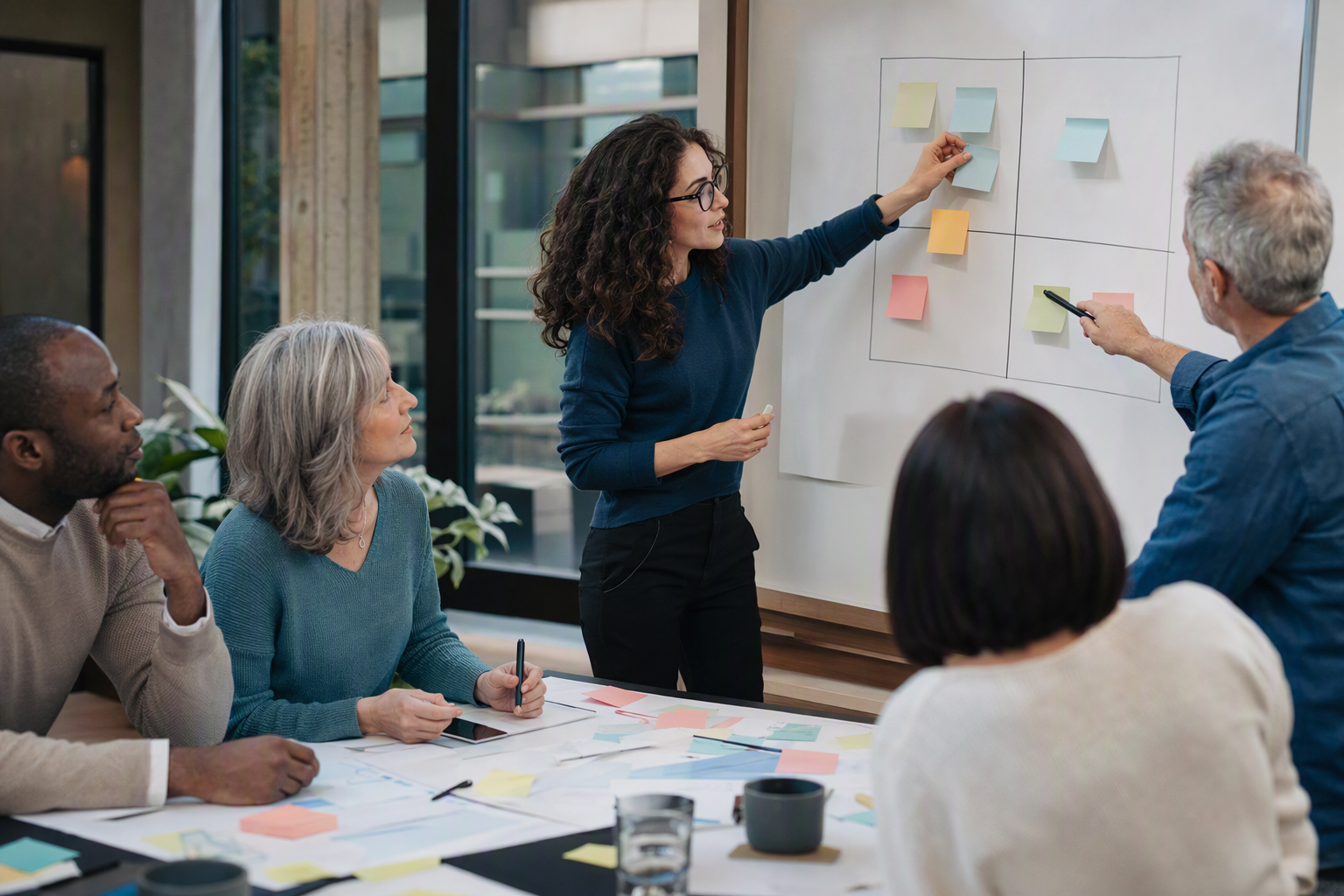 Five participants around a work table sorting artificial intelligence use case ideas during a structured session