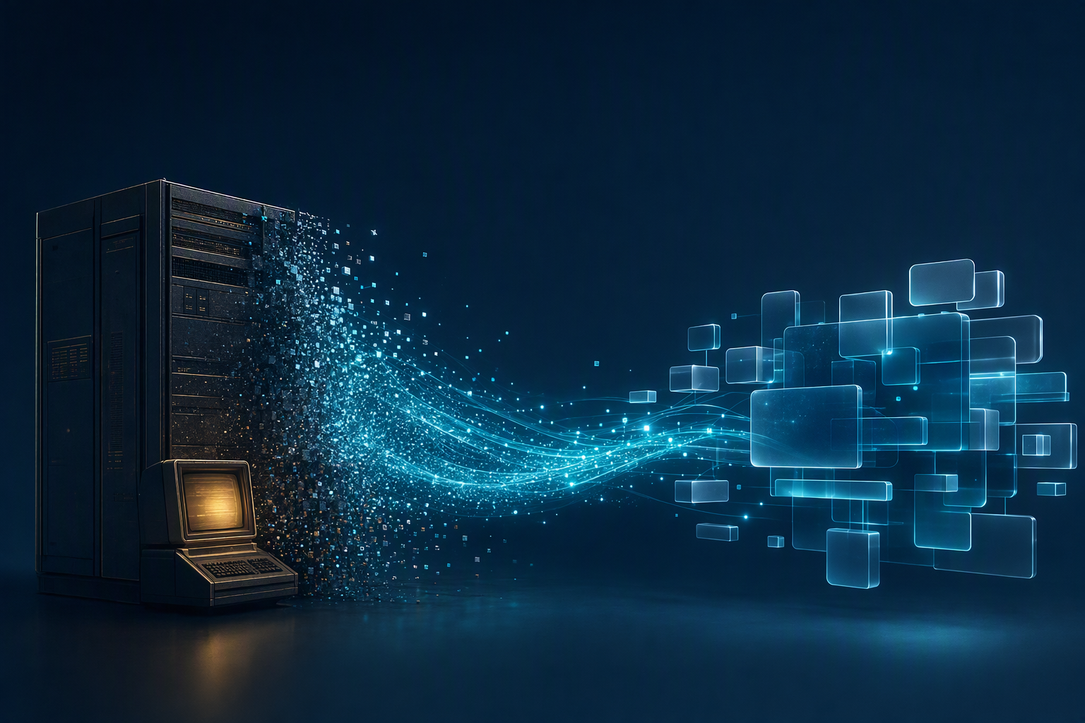 Ordinateur central qui se dissout en flux de données lumineux vers une architecture d’applications modernes