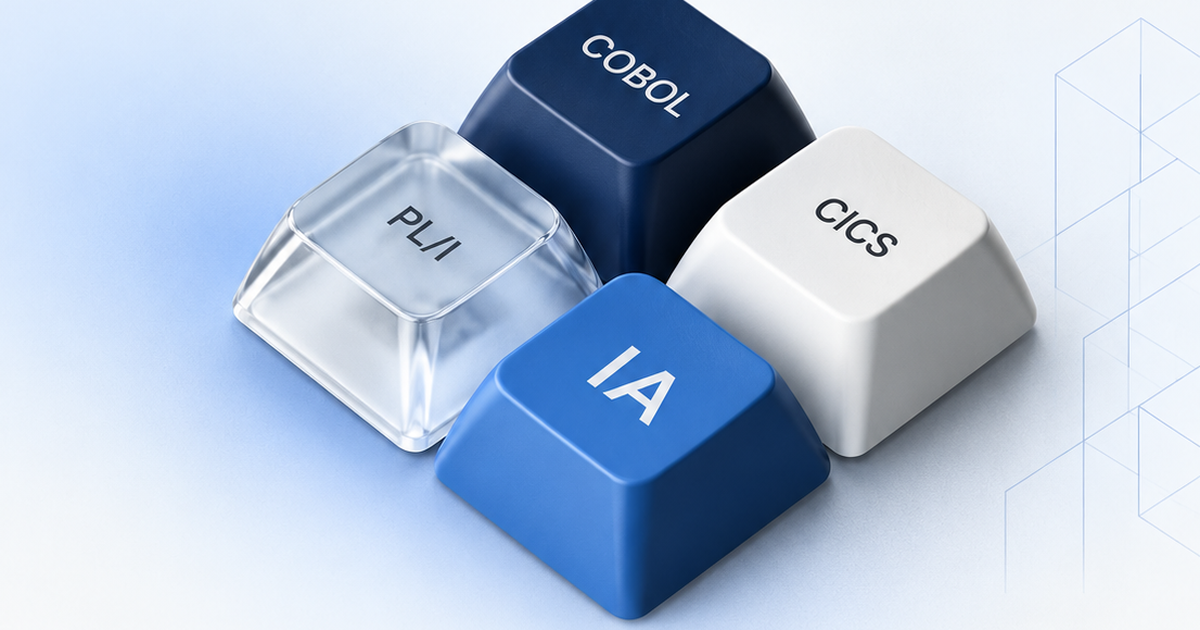 Quatre touches de clavier COBOL, PL/I, CICS et IA posées ensemble, symbole d’un système patrimonial lu par l’intelligence artificielle