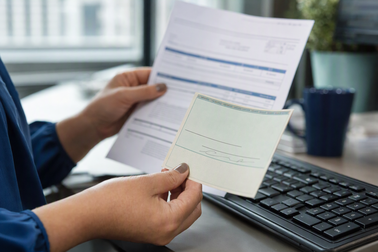 Spécialiste des comptes clients comparant un avis de remise papier avec les factures ouvertes affichées à l’écran dans un bureau moderne au Québec