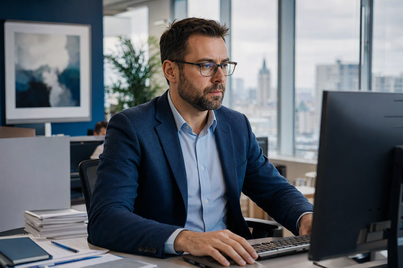 Finance professional centered in the frame in front of a customer payment screen in a modern Quebec office