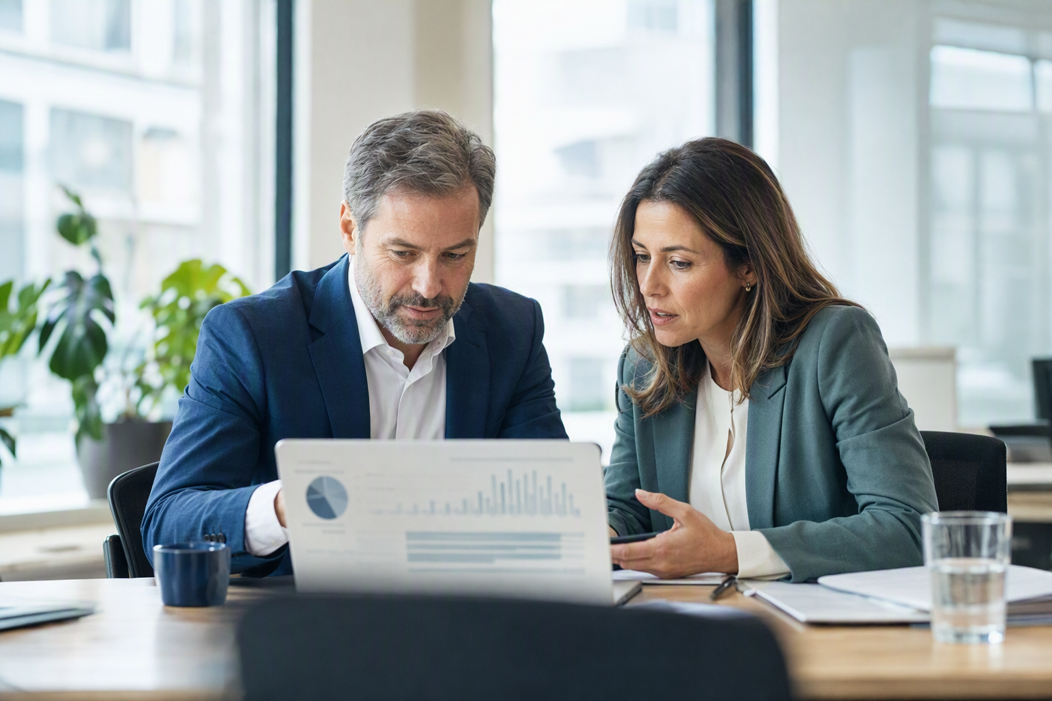 Two professionals examining results on a laptop in a bright office in Quebec