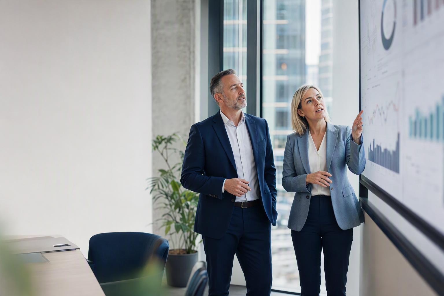 Chef de la direction financière et directrice des opérations analysant des indicateurs de performance sur un grand écran dans un bureau québécois