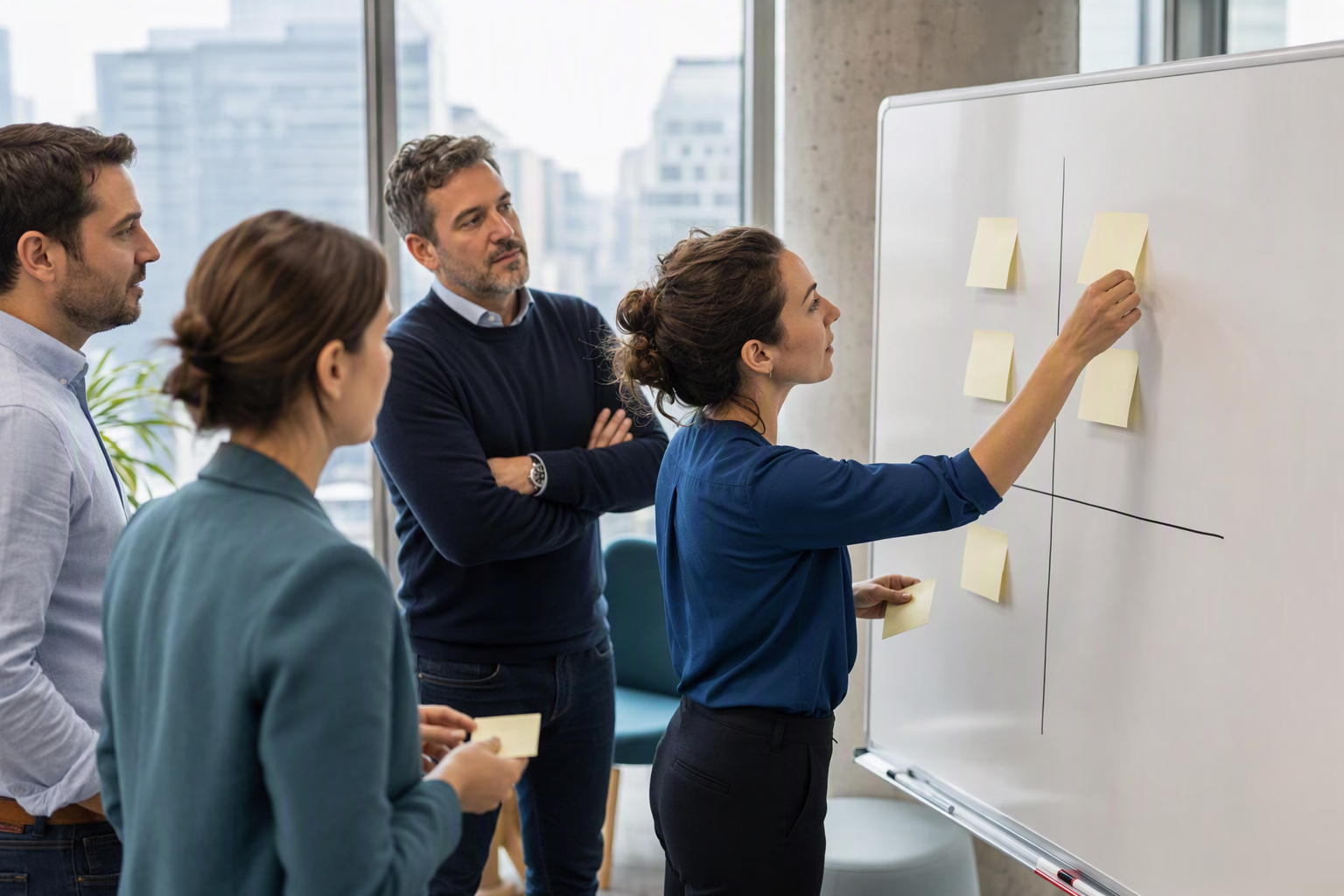 Groupe de travail priorisant des cas d’usage d’IA sur un tableau blanc dans un bureau québécois
