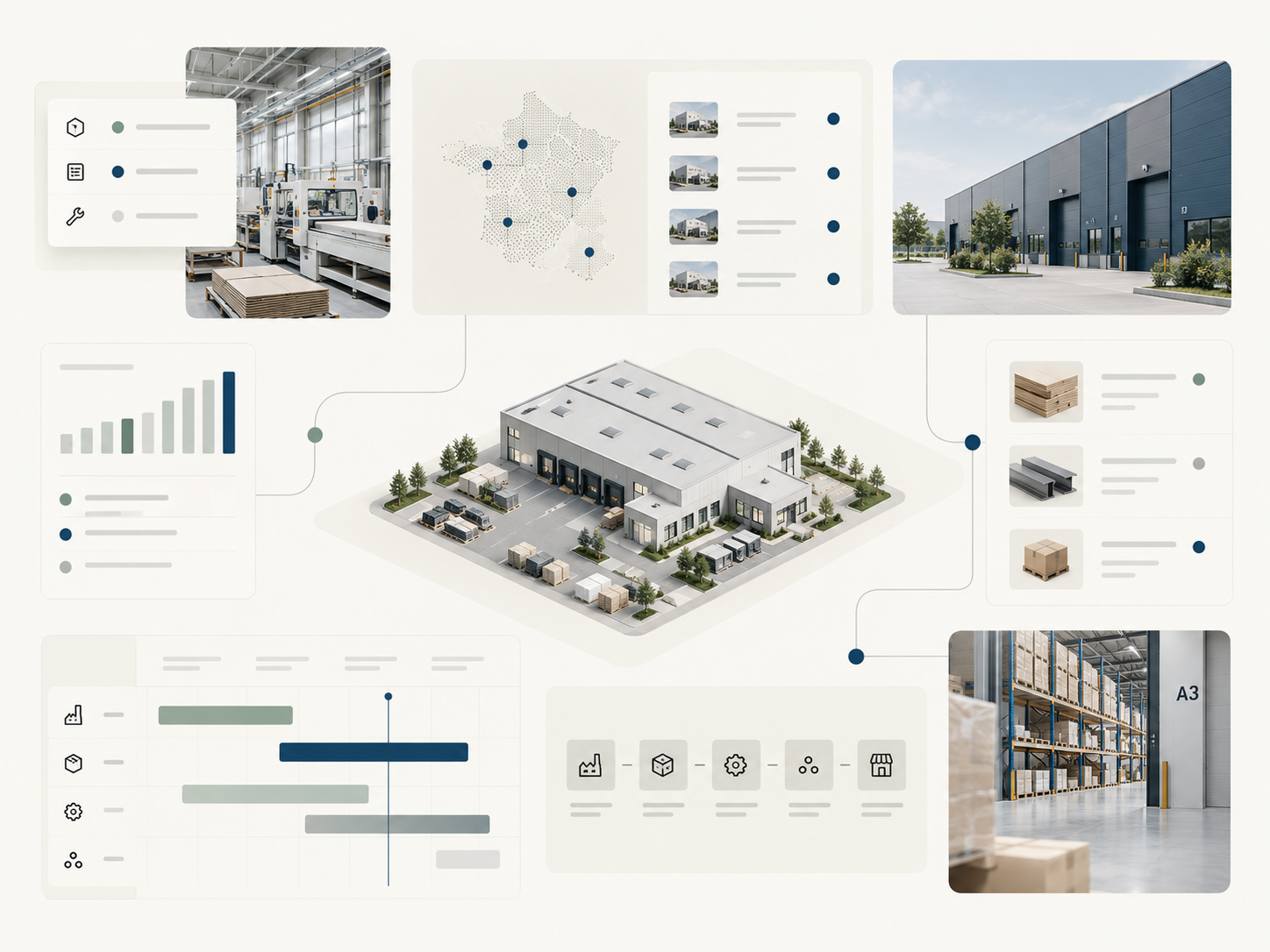 Composition éditoriale illustrant un environnement ERP manufacturier et de distribution avec usine, entrepôt, planification et opérations multi-sites.