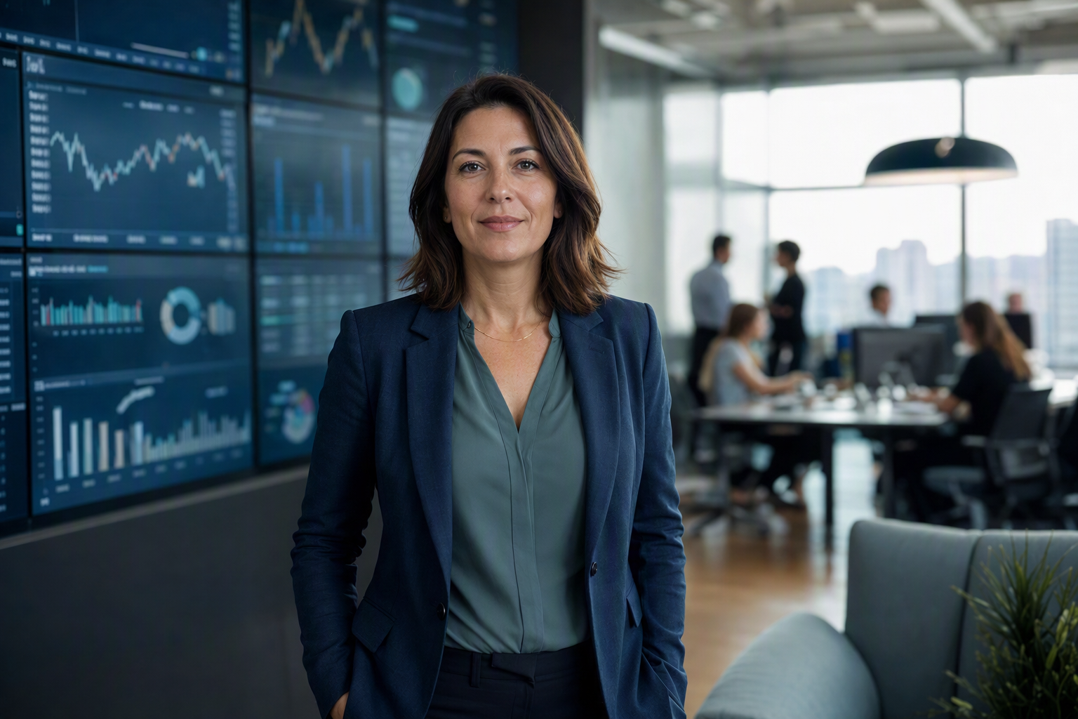 Directrice financière au centre du cadre devant un mur d’indicateurs financiers dans un bureau moderne au Québec