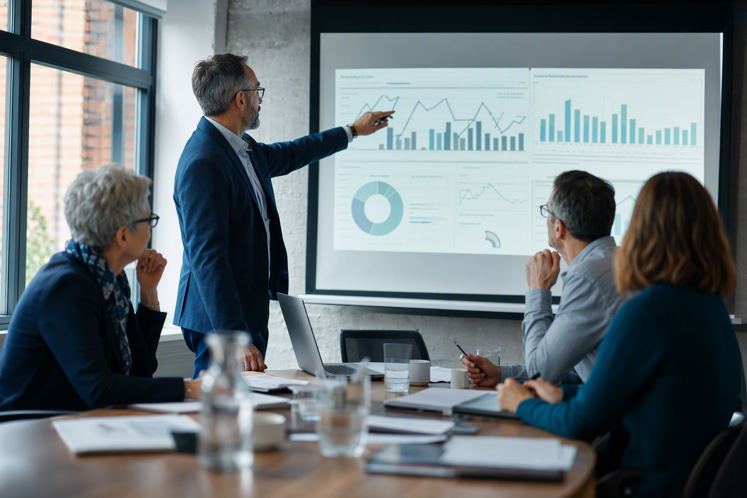 Four finance, IT and compliance professionals reviewing an AI agent oversight dashboard in a Quebec meeting room