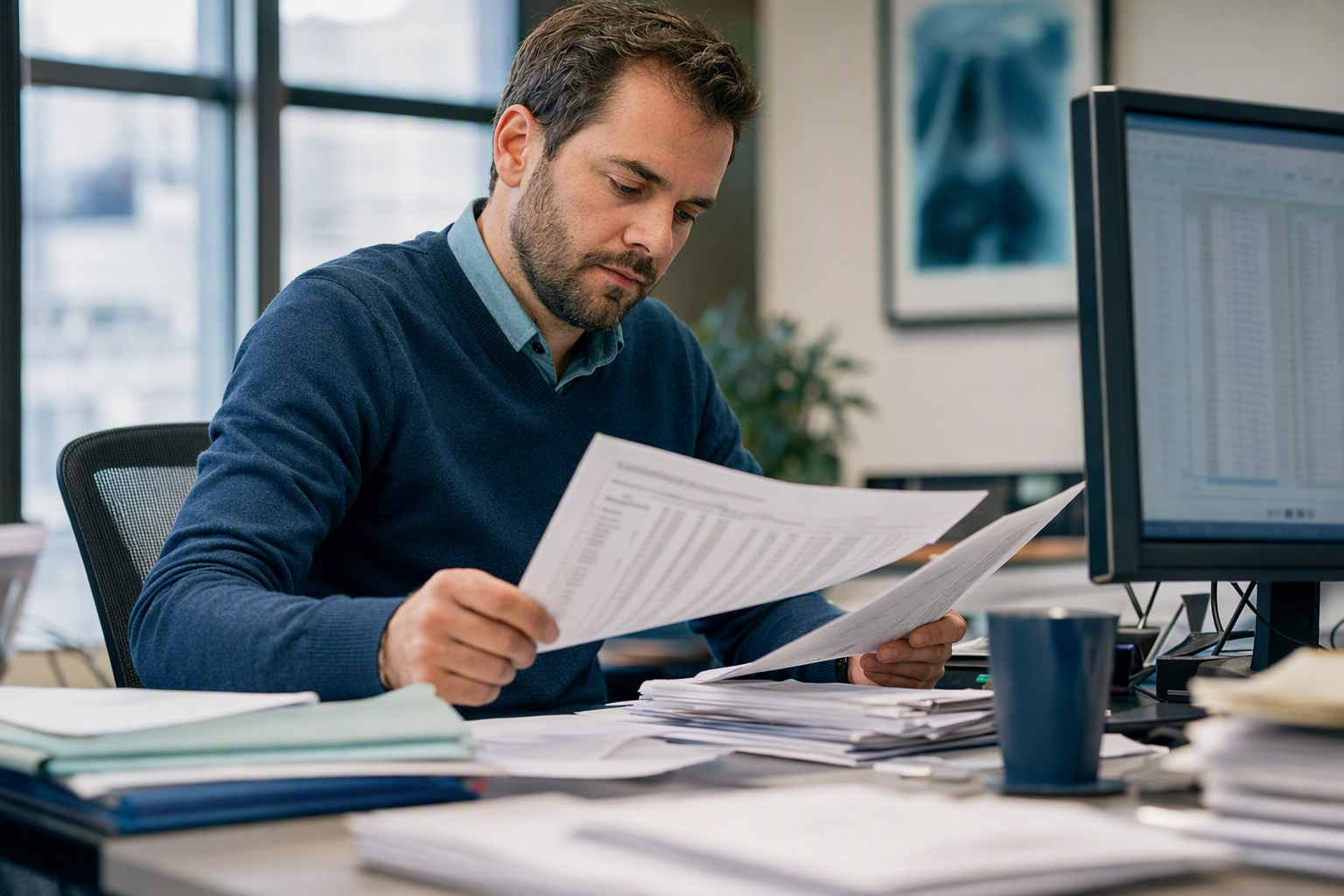 Accounts receivable clerk sorting printed remittance advices beside a spreadsheet screen