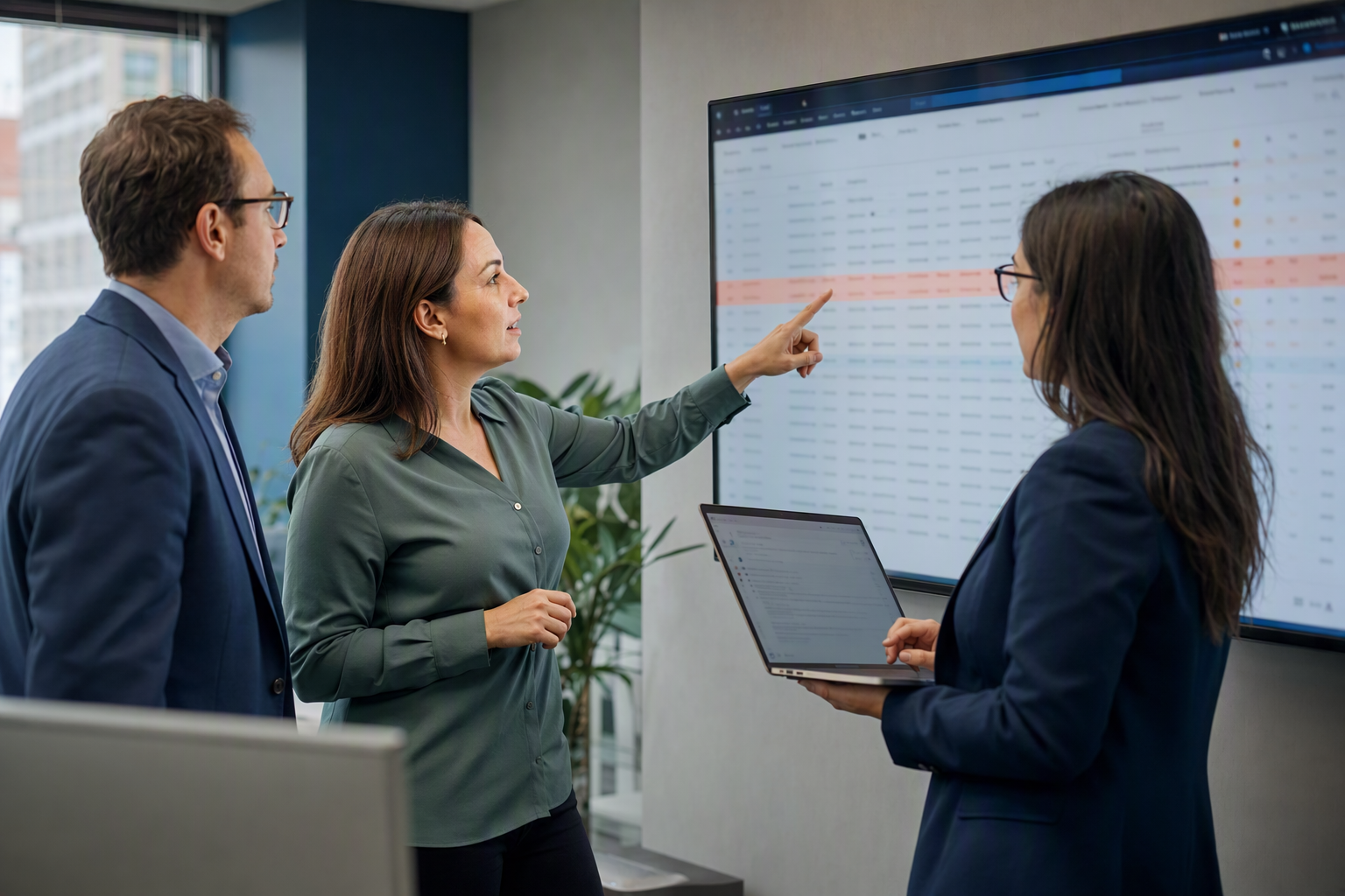 Trois professionnels de la finance et des TI examinant une file d’exceptions dans un flux de travail ERP sur un grand écran dans un bureau québécois