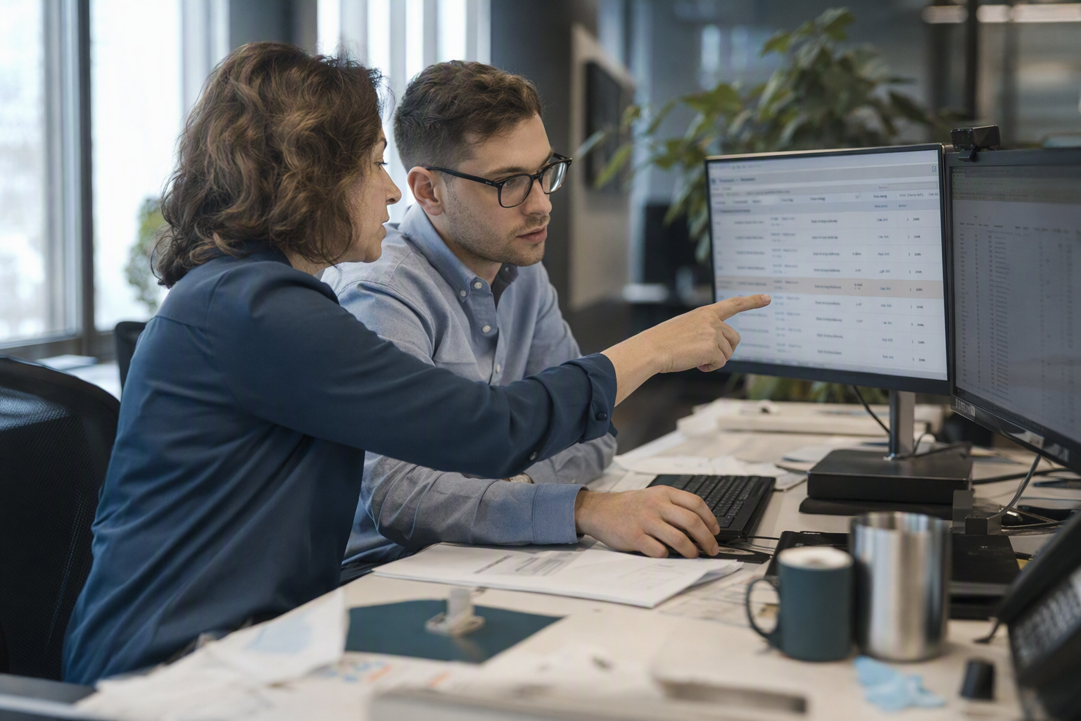 Accounts receivable specialist and analyst comparing a bank feed with open invoices on dual monitors