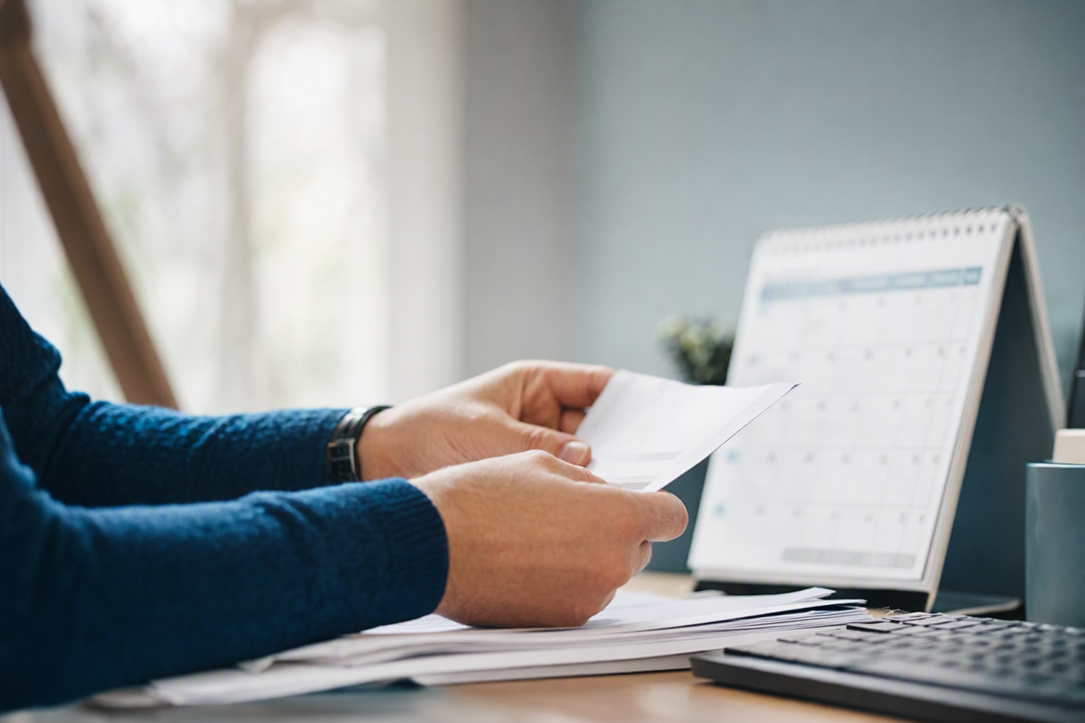 Credit and collections director reviewing a printed accounts receivable aging report in front of a screen of overdue payments in a modern Quebec office