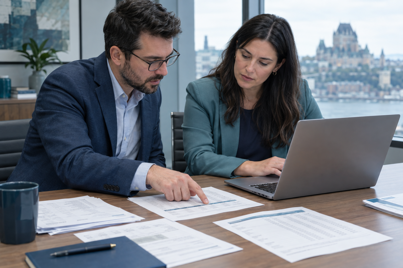Two finance professionals checking payment matching results on a laptop with printed remittance advices on the table in a Quebec office