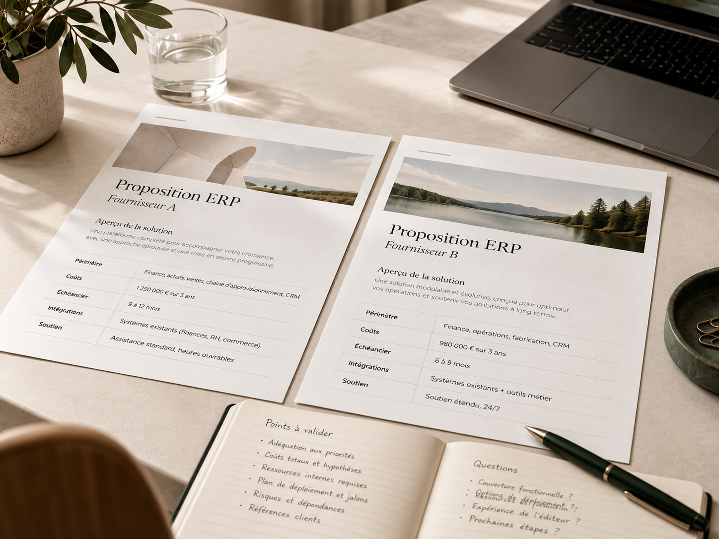 Deux propositions ERP et une matrice de comparaison analysées avant la sélection d’une solution.